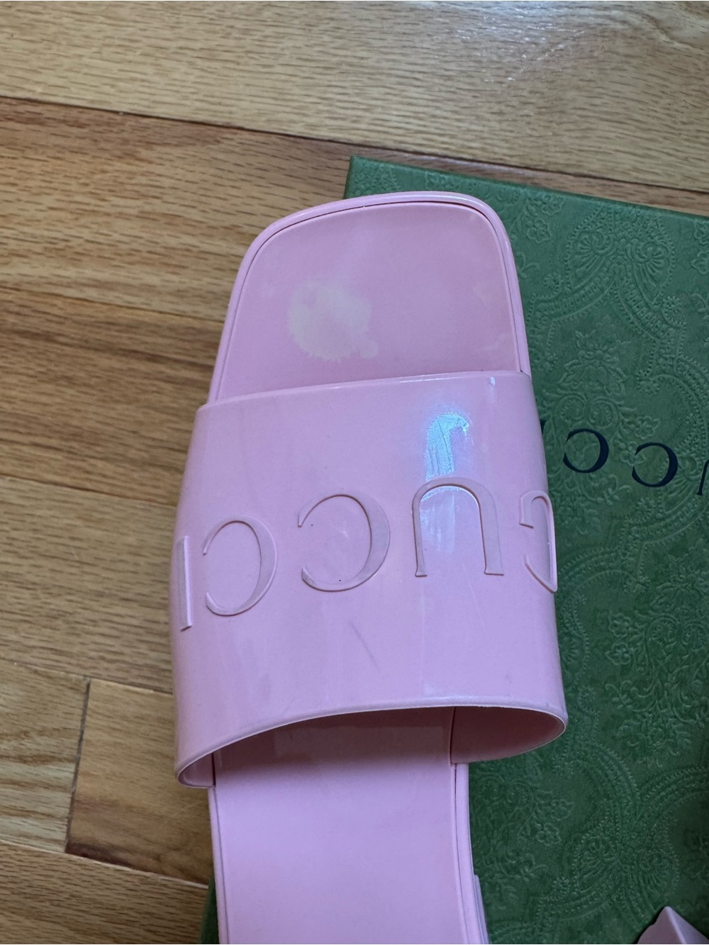 Gucci Pink Logo Block Heel Slides - Picture 5 of 7